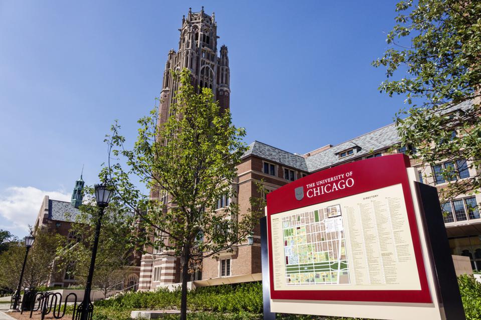 University of Chicago directory sign in front of building.