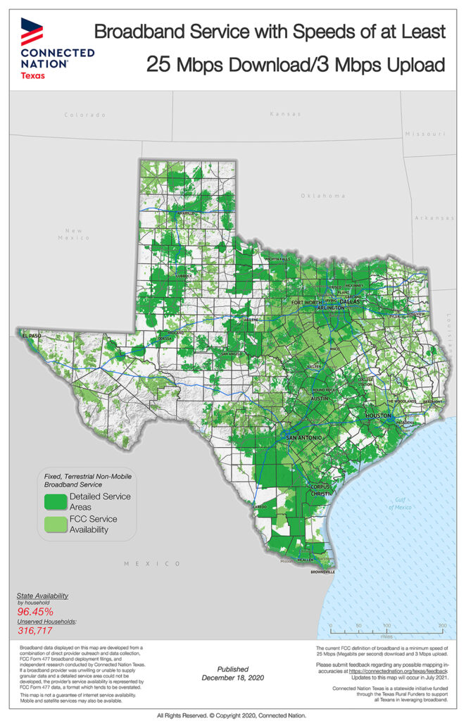 Map of Texas showing broadband service with speeds of at least 25 Mbps Downloaded/3MBPS upload in shades of green
