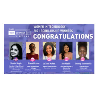 Women in Technology 2021 Scholarship Winners: Shanthi Hegde, Briana Hickson, Ja'Zmin McKeel, Ana Abadie, and Destiny Summerville