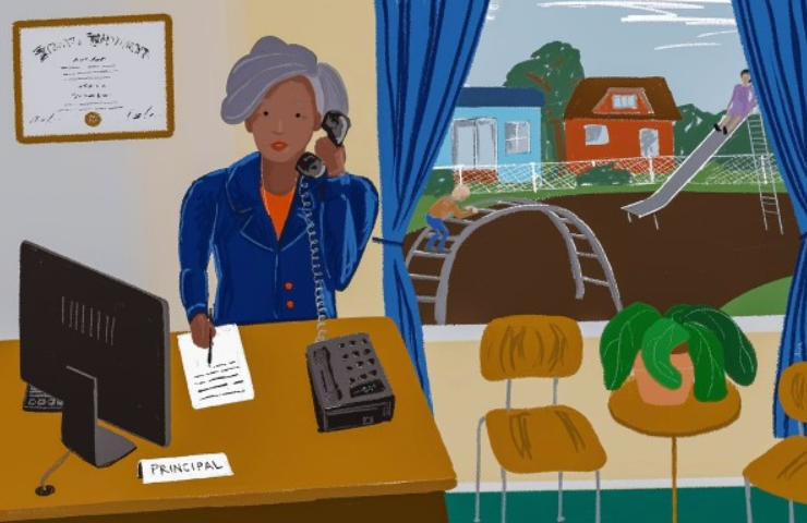 Cartoon of a women principal answering the phone while writing on a paper. Children play in the background on a swing and jungle gym.