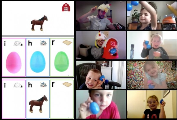 A screenshot from Reading Camp shows one of the ways the program engaged preschoolers: Teachers wore funny hats, children "voted" for the correct letter and sound with plastic eggs, and each lesson had a theme — in this case, farm animals.