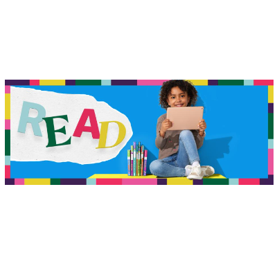 READ in colored letters next to a girl smiling with a tablet.