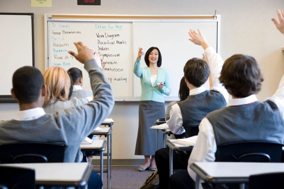 A teacher at the front of the classroom and white board with several students hands raised