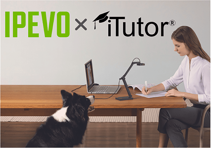 Girl at computer with IPEVO camera and IPEVO and iTutor company logos superimposed on the top