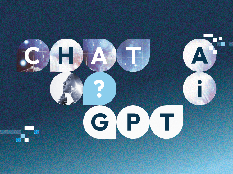 Chat GPT and AI and question mark and women pondering with clasped hands are in bubble letters